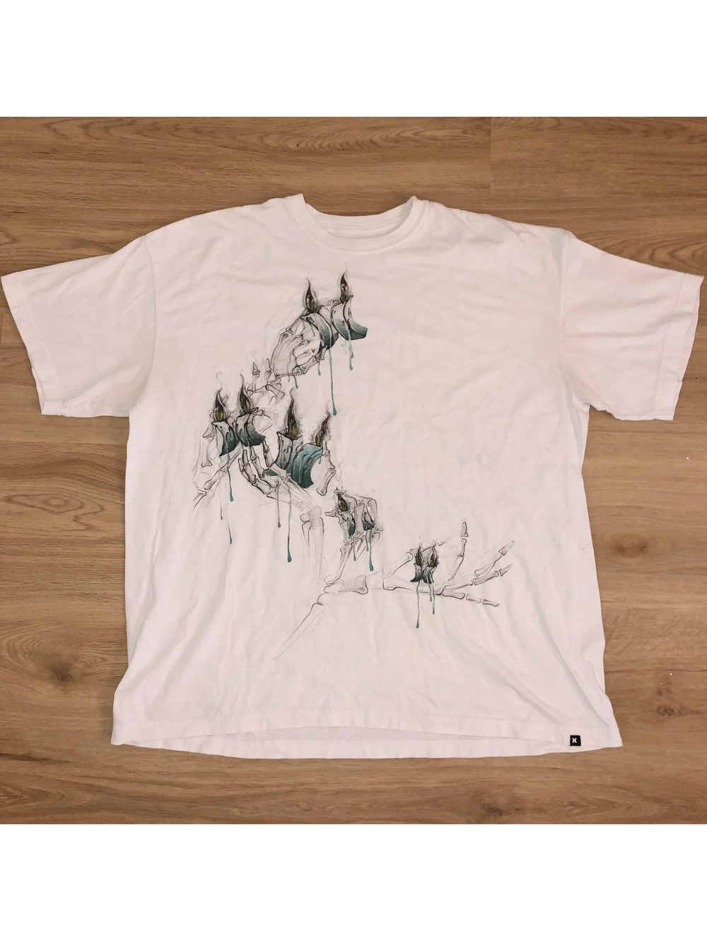 VINTAGE HURLEY Y2K SKATE CANDLE FLAME SKELETON TEE T SHIRT MENS SIZE XXL